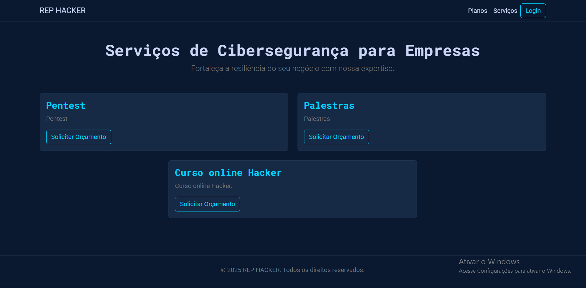 Tela de serviços de cibersegurança para empresas.