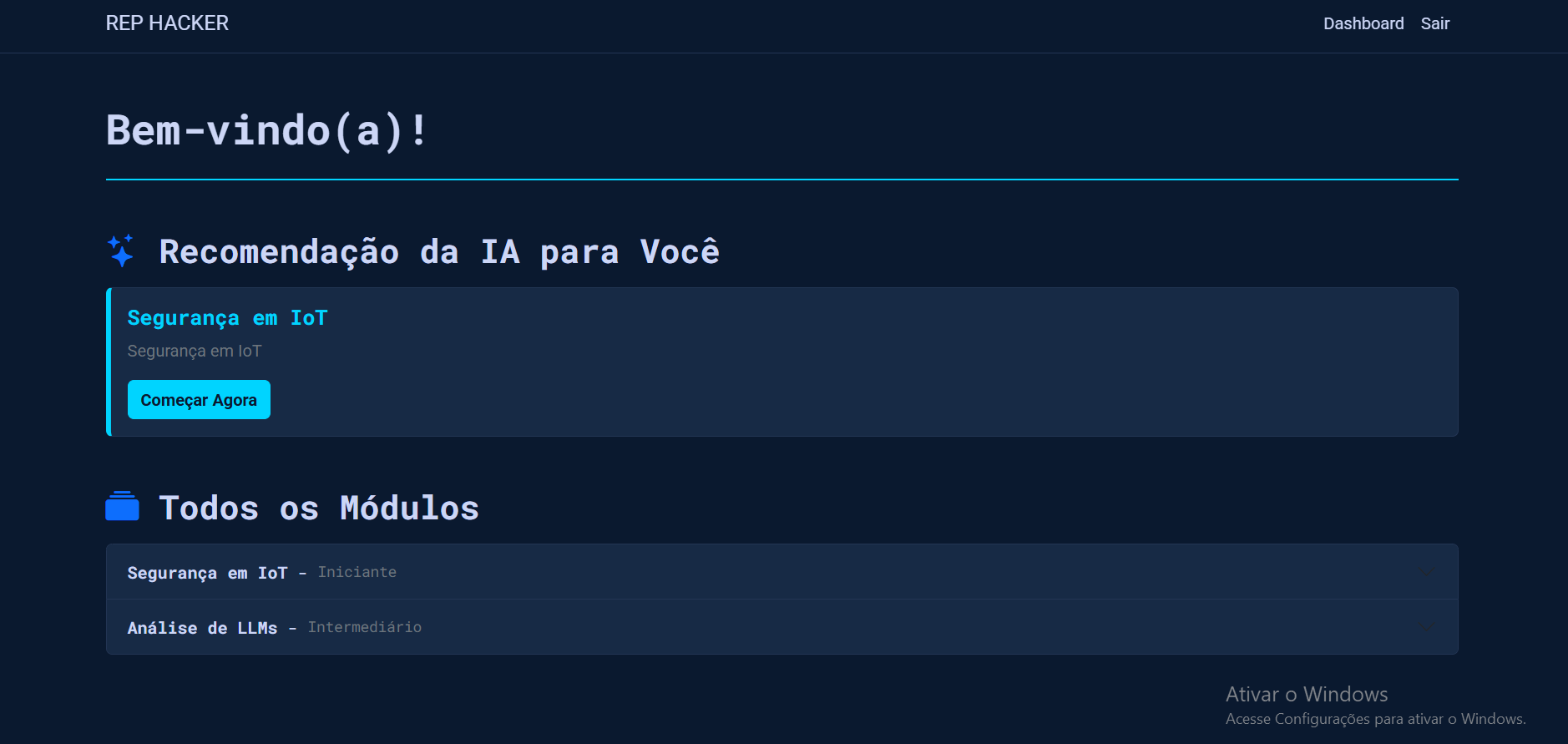 Dashboard da plataforma REP HACKER com recomendação de IA.