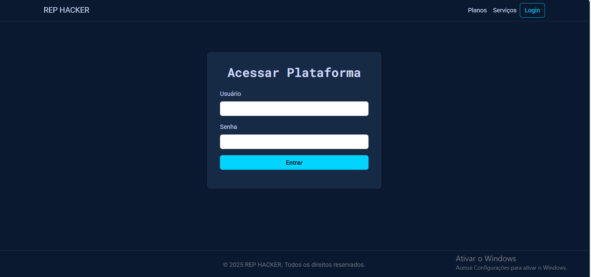Tela de login da plataforma REP HACKER.
